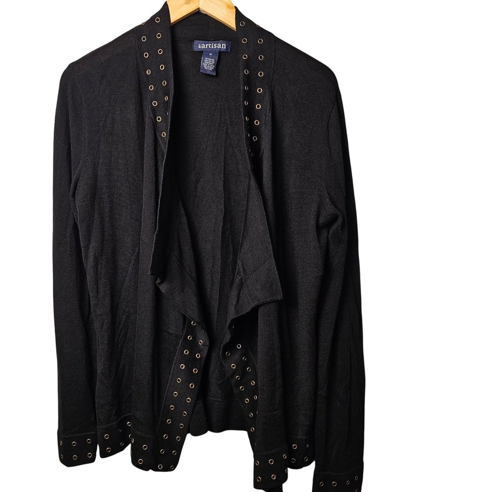 By Artisan Women's M Blk‎ Waterfall Front Cardigan Sweater Edgy Grommet Trim EUC